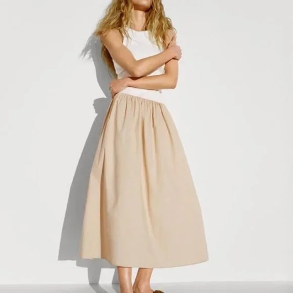 NWT Zara combination ribbed knit and cotton poplin mixed dress white & khaki